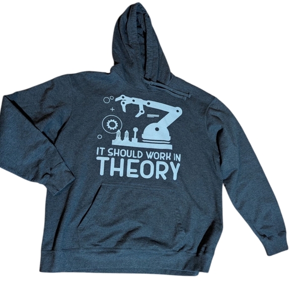 Engineers Fav It Should Work In Theory Gray Fleece Hoodie with Robot Print Sz XL - Picture 6 of 7